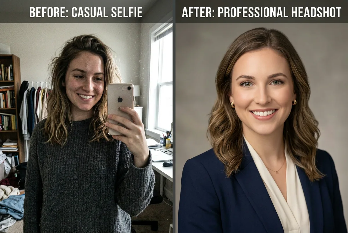 AI headshot generator result: casual selfie transformed into a professional headshot