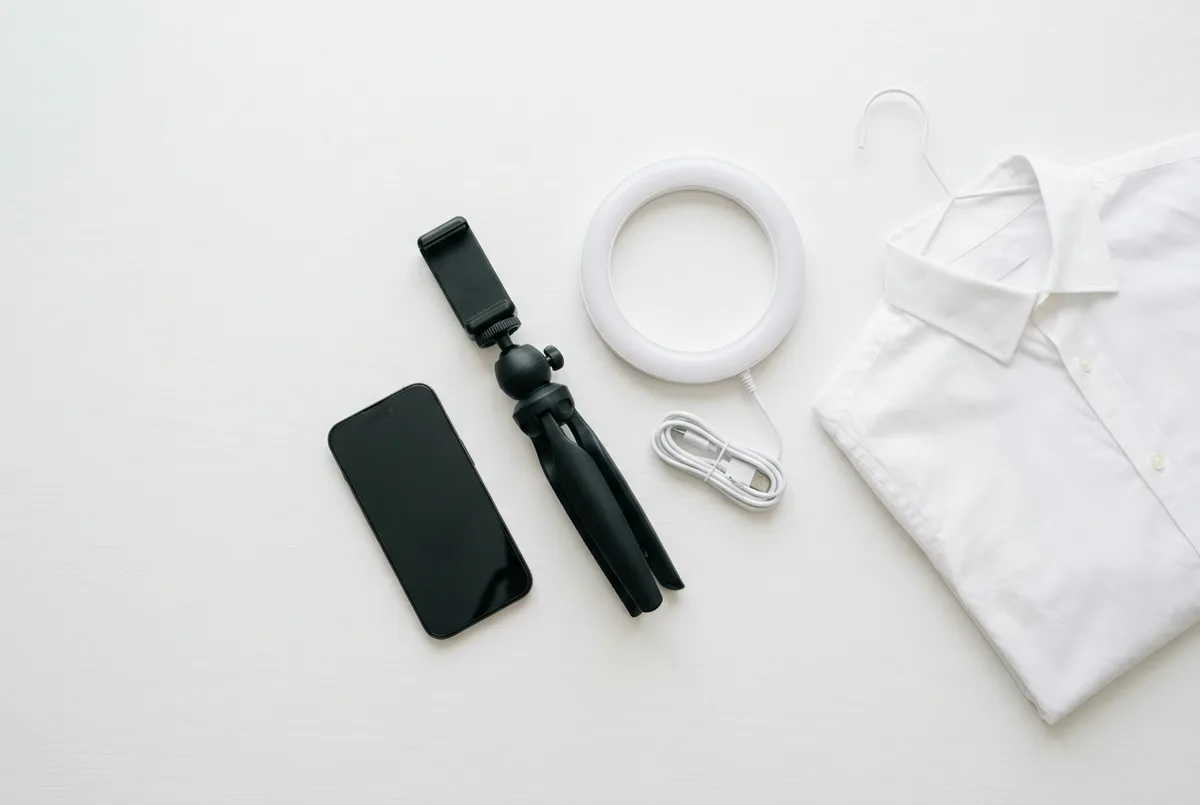 Minimal equipment needed for a DIY professional headshot: smartphone, tripod, and ring light