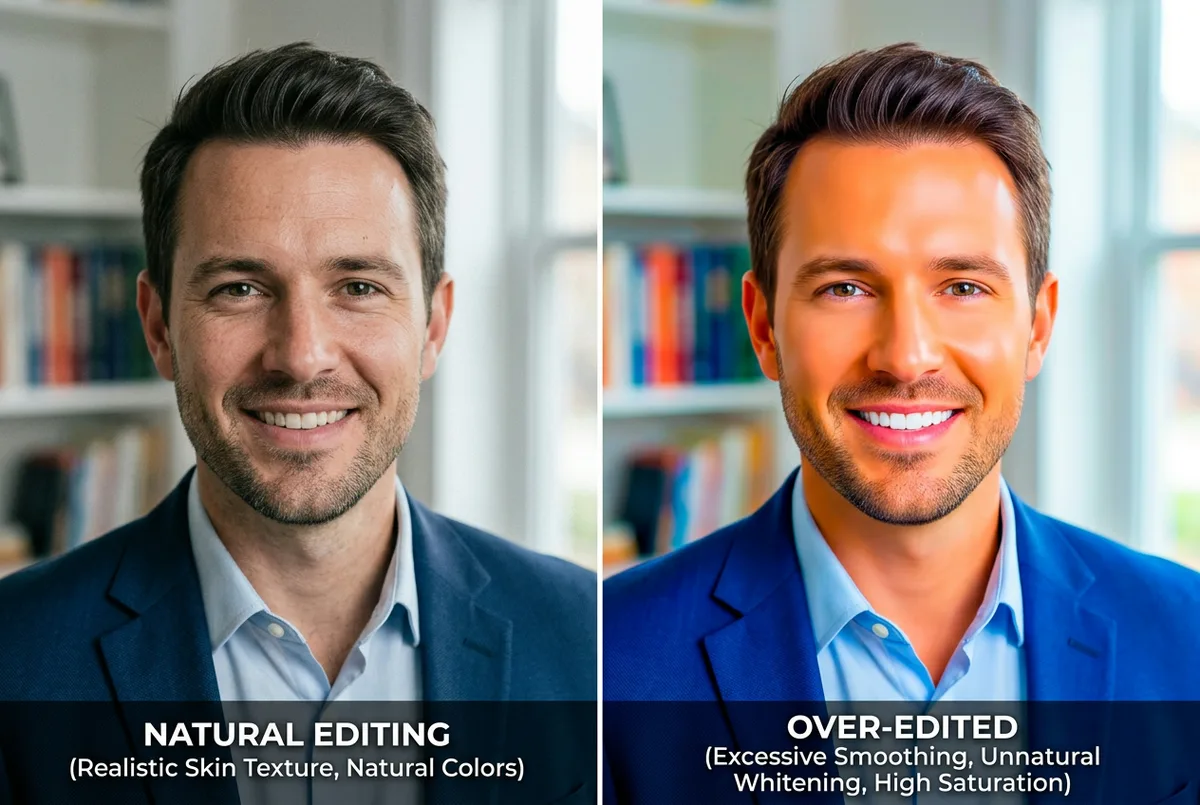 Headshot editing: natural subtle retouching vs artificial over-edited result