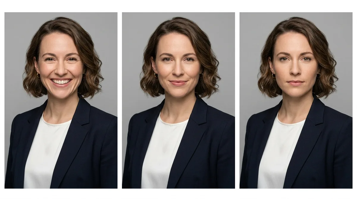 Professional headshot expression examples: full smile, subtle smile, and confident neutral