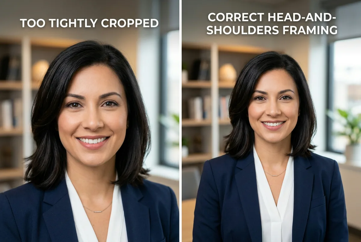 How to frame a professional headshot: tight incorrect crop vs correct head-and-shoulders composition