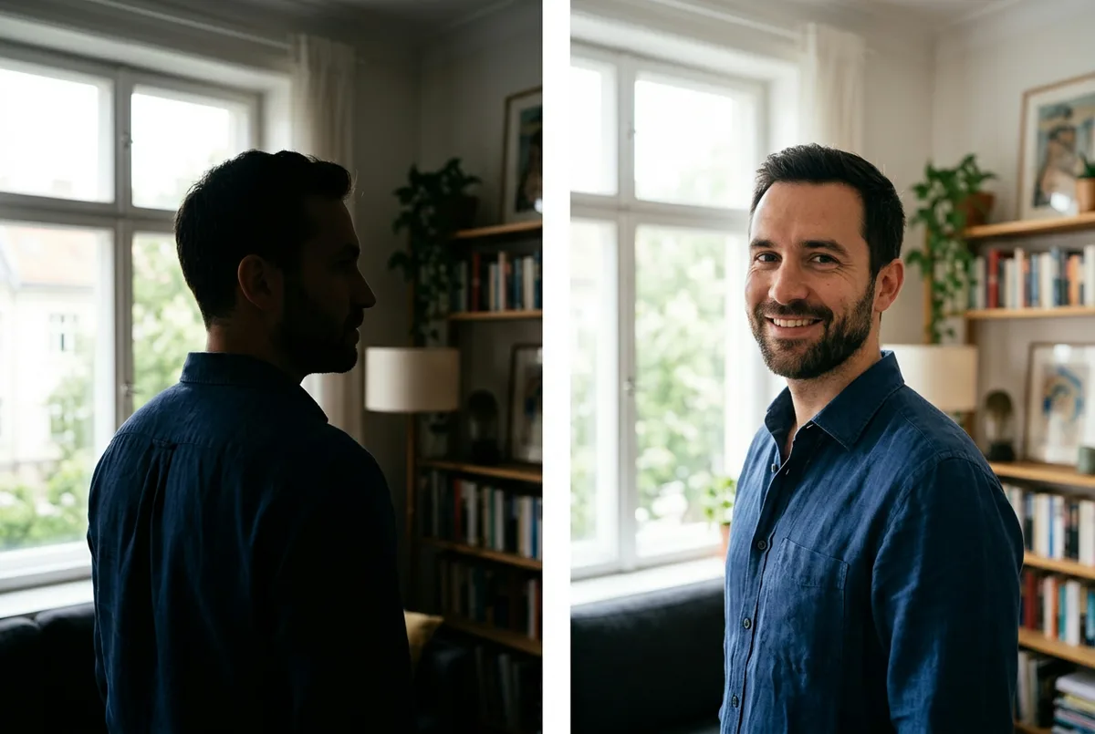 Professional headshot lighting comparison: backlit silhouette vs soft window light on face