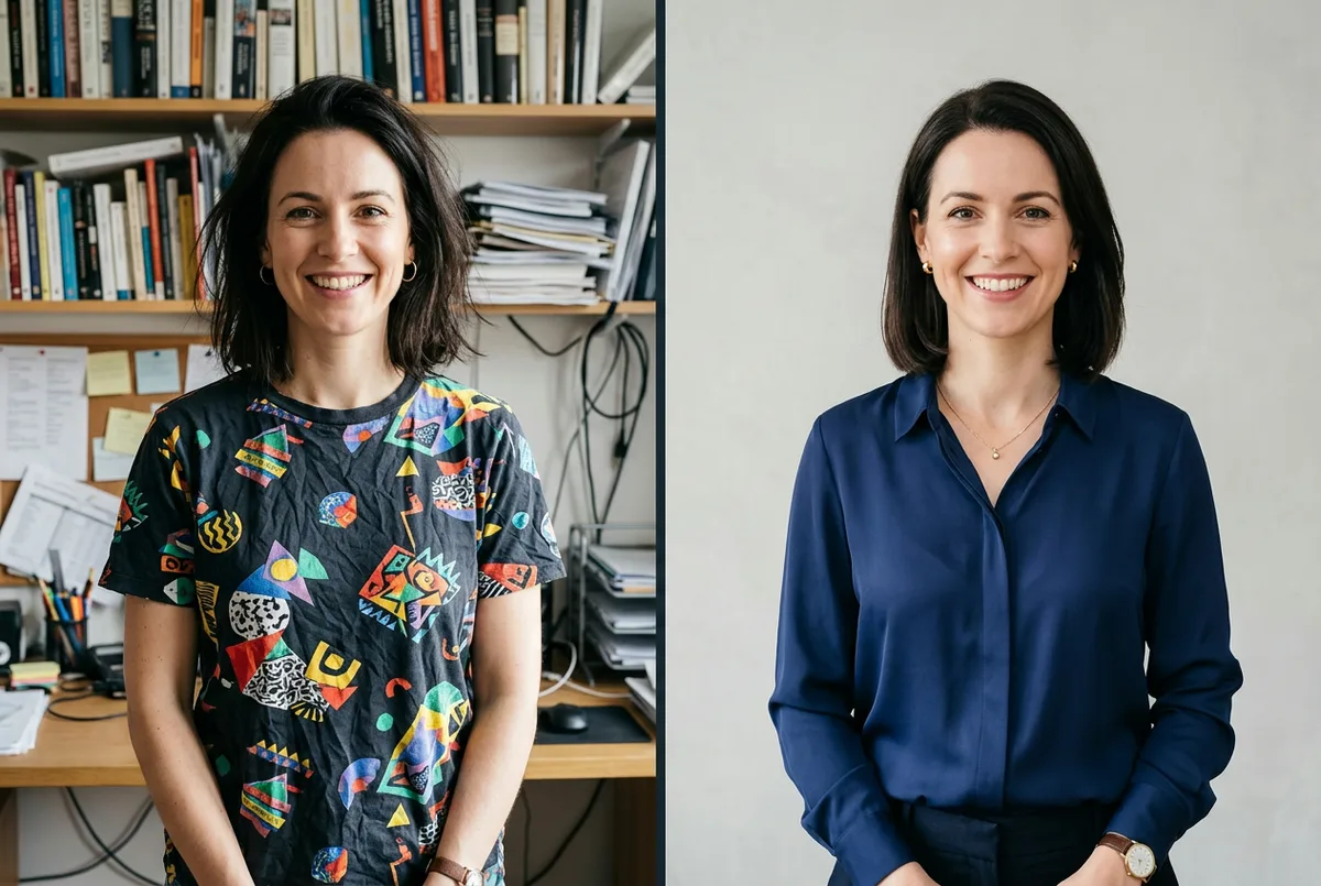 What to wear for a professional headshot: casual outfit vs solid professional attire