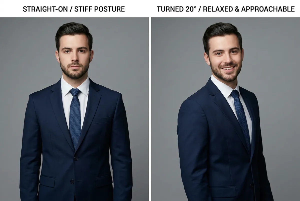 Professional headshot posing: straight-on flat pose vs natural angled body position