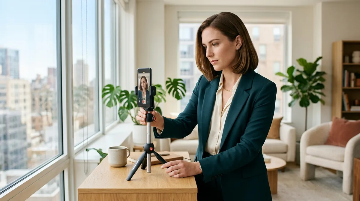 Woman setting up smartphone on tripod near window to take a professional headshot at home