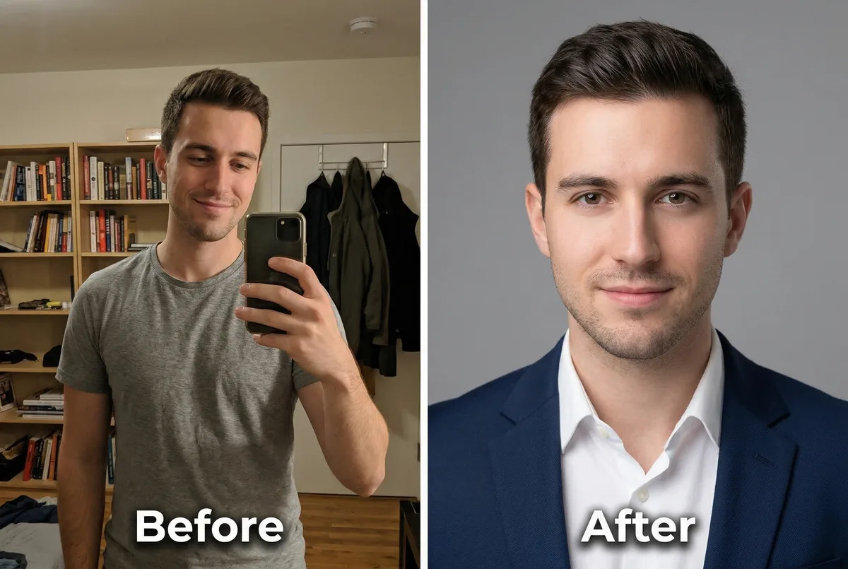 LinkedIn headshot before and after — casual selfie transformed into a professional profile photo