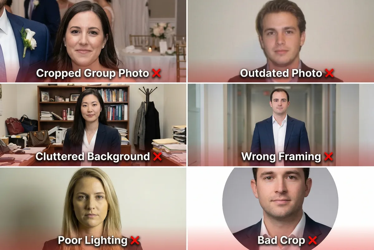 Common linkedin photo mistakes to avoid — wrong framing, bad lighting, cluttered background, forced expression, outdated photo, ignoring circular crop