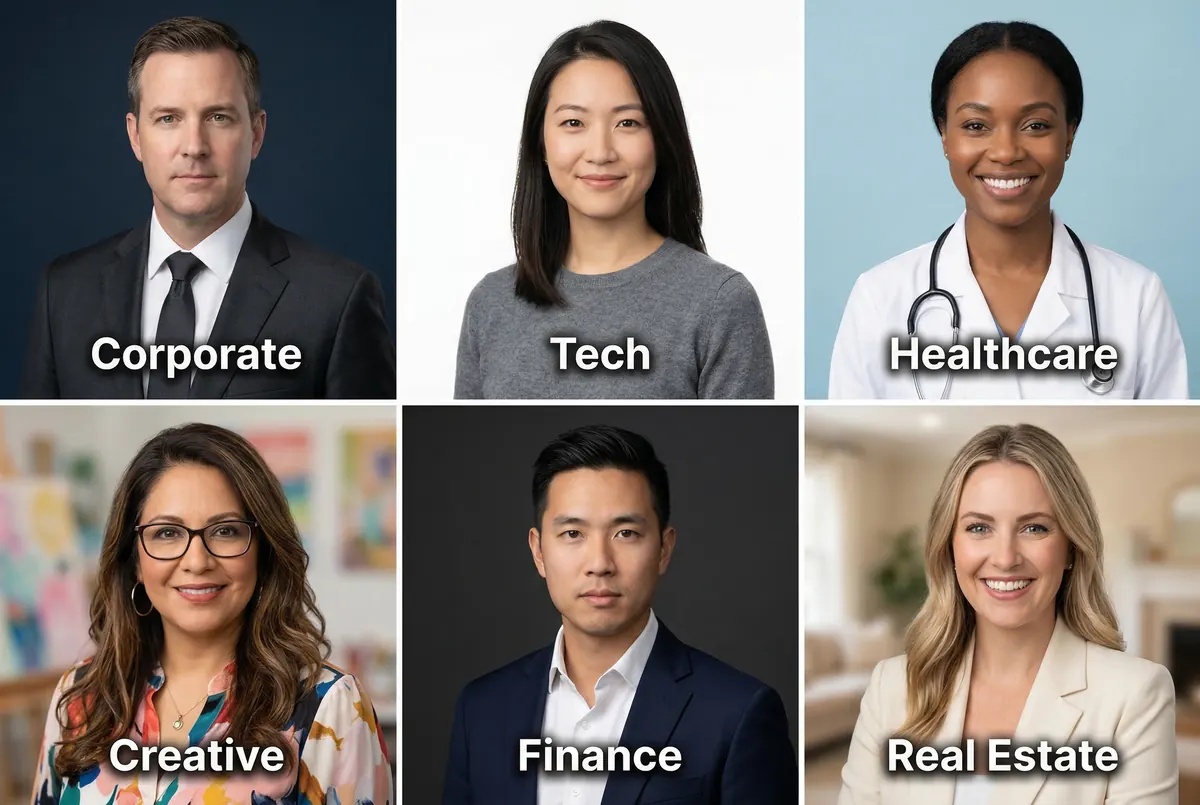 LinkedIn headshot styles by industry — corporate, tech, healthcare, creative, finance, real estate