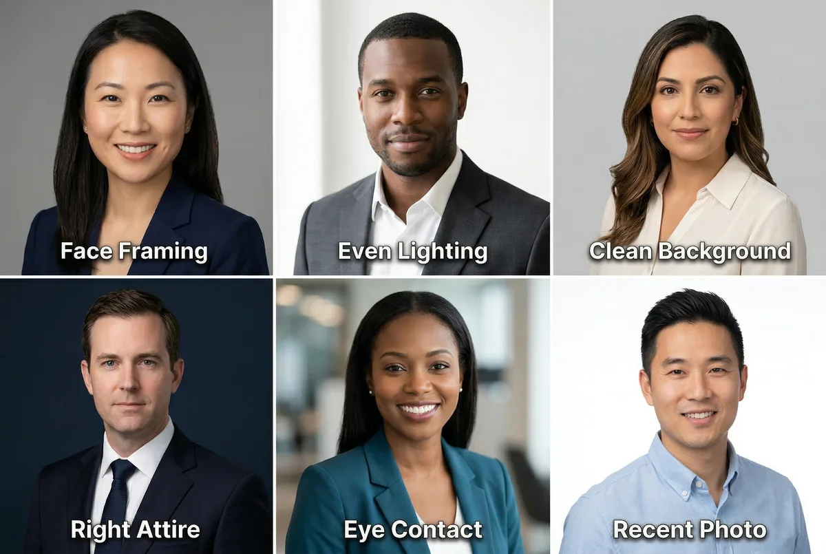 Six elements of a great linkedin professional headshot — framing, lighting, background, attire, expression, sharpness