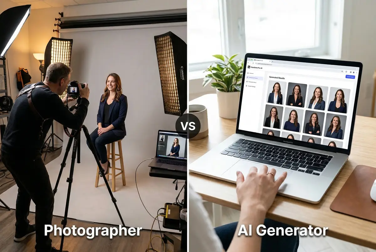 Professional photographer studio session versus AI headshot generator for linkedin photo