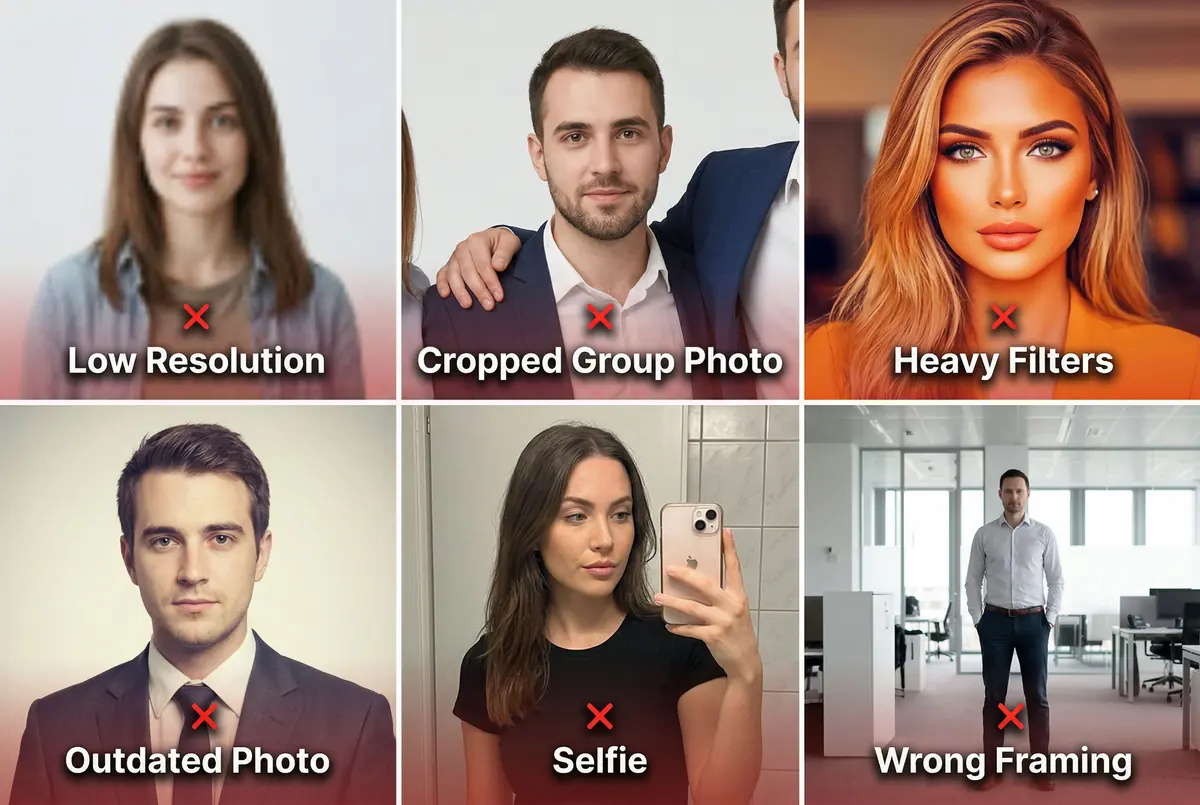 common linkedin photo mistakes to avoid including low resolution outdated photo and cluttered background