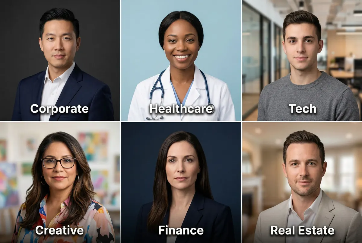 linkedin profile picture examples by industry showing corporate tech creative and healthcare styles