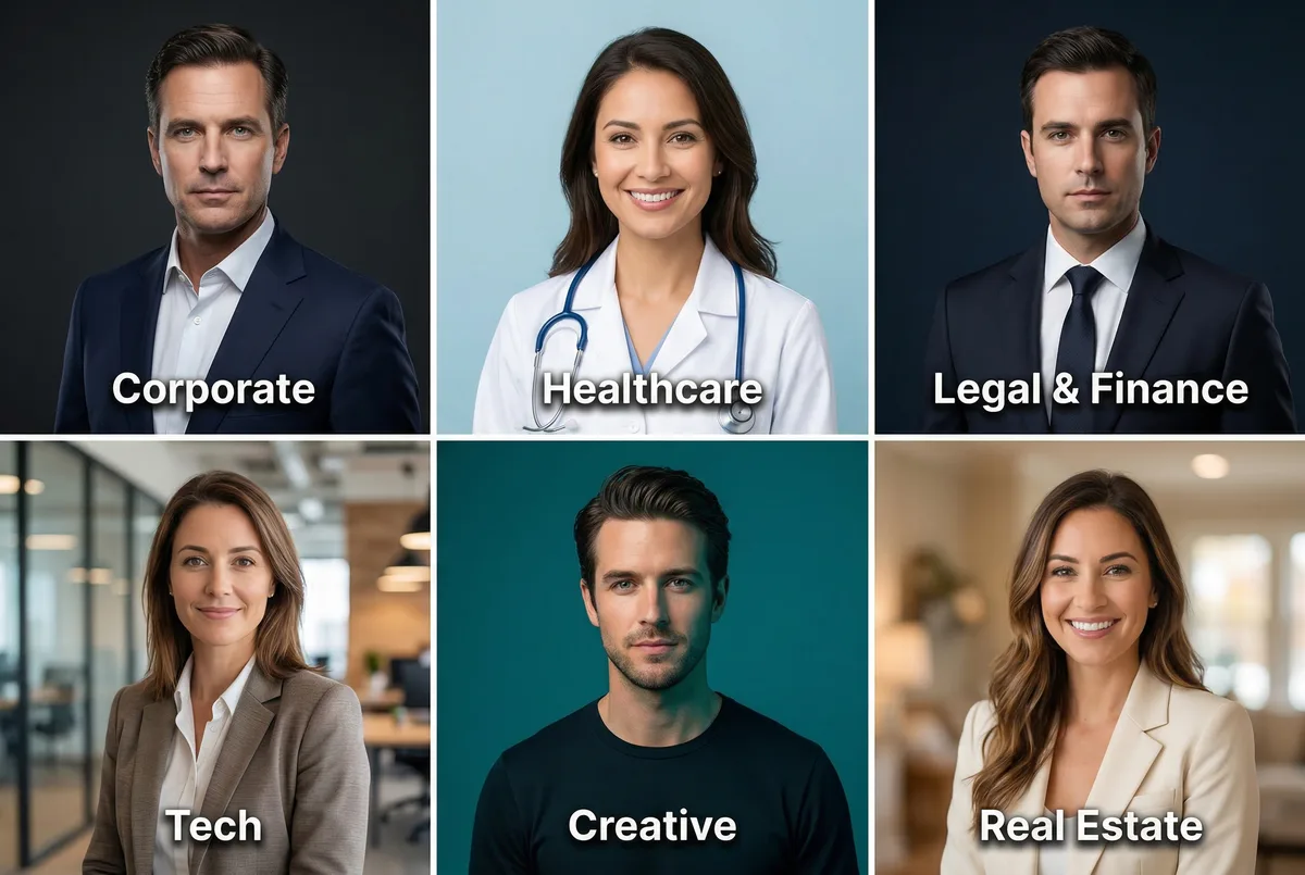 Professional headshot backgrounds by industry showing corporate, healthcare, legal, tech, creative, and real estate examples