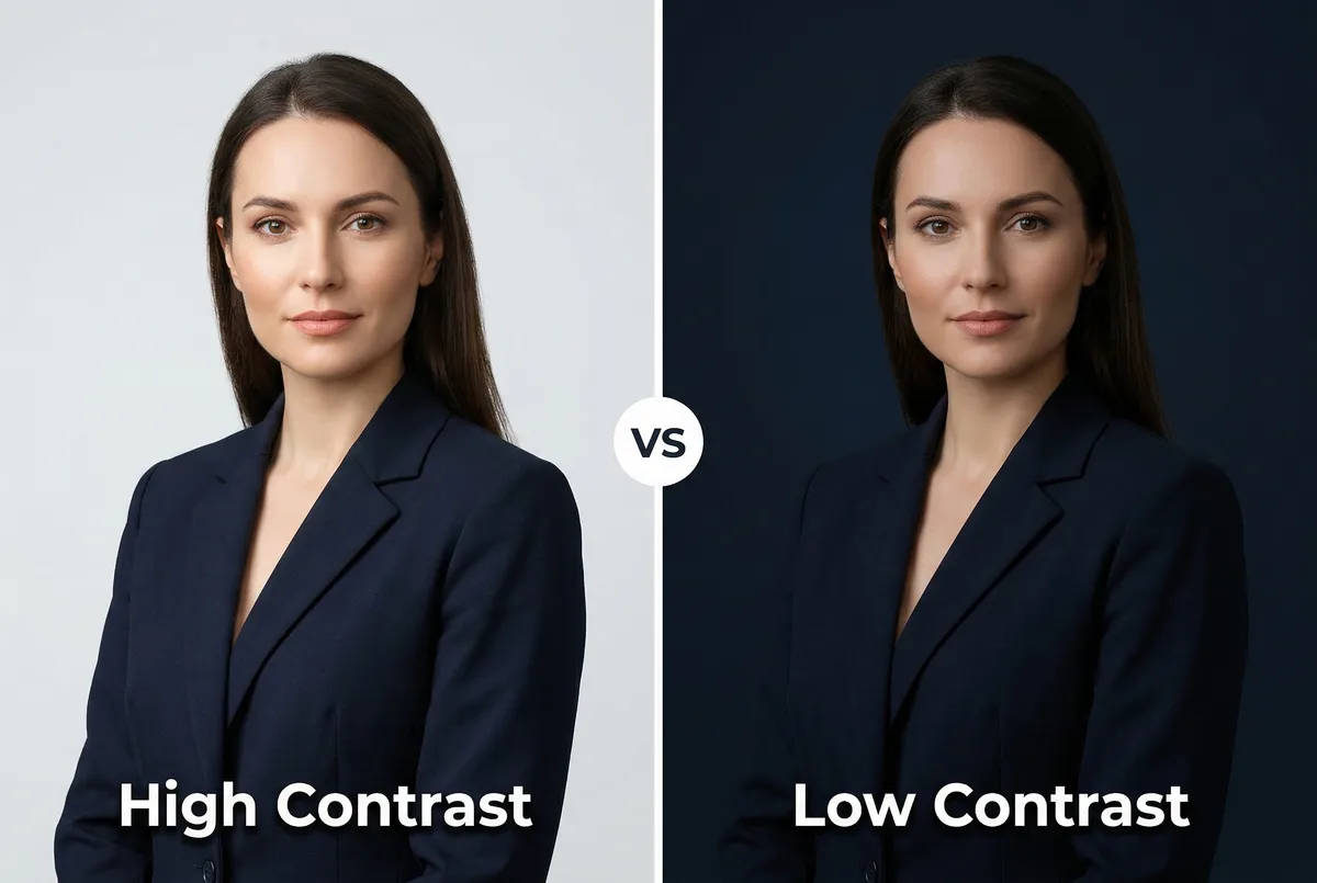 Headshot background contrast comparison showing dark clothing on light background versus low-contrast matching tones