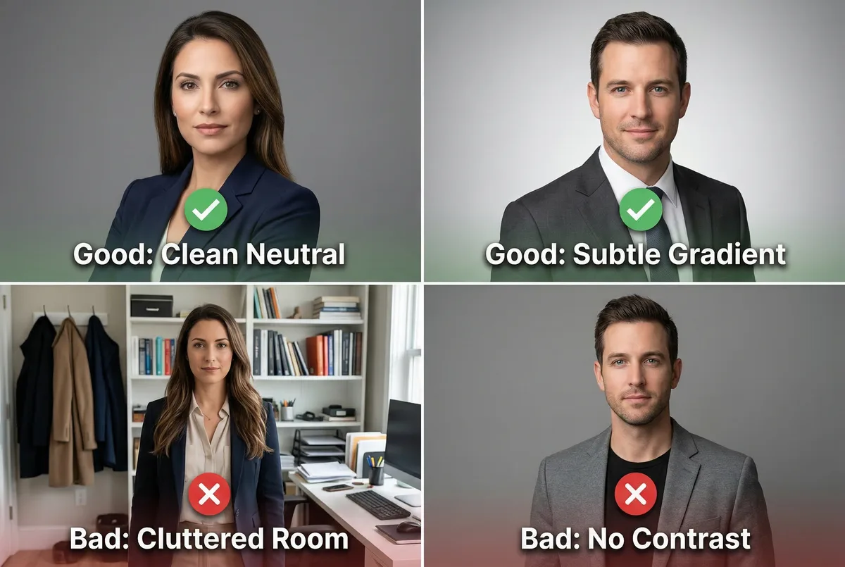 Good and bad professional headshot background examples showing clean neutral backgrounds versus cluttered distracting ones