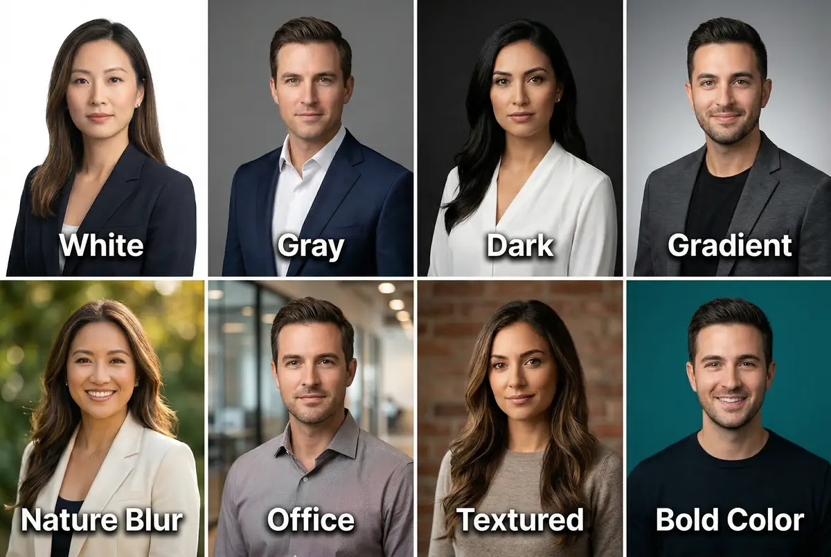 Eight professional headshot background options showing white, gray, dark, gradient, nature blur, office, textured, and bold color