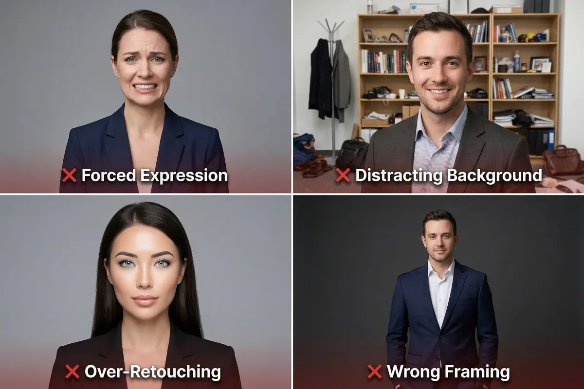 Common headshot mistakes: forced expression, distracting background, over-retouching, and wrong framing