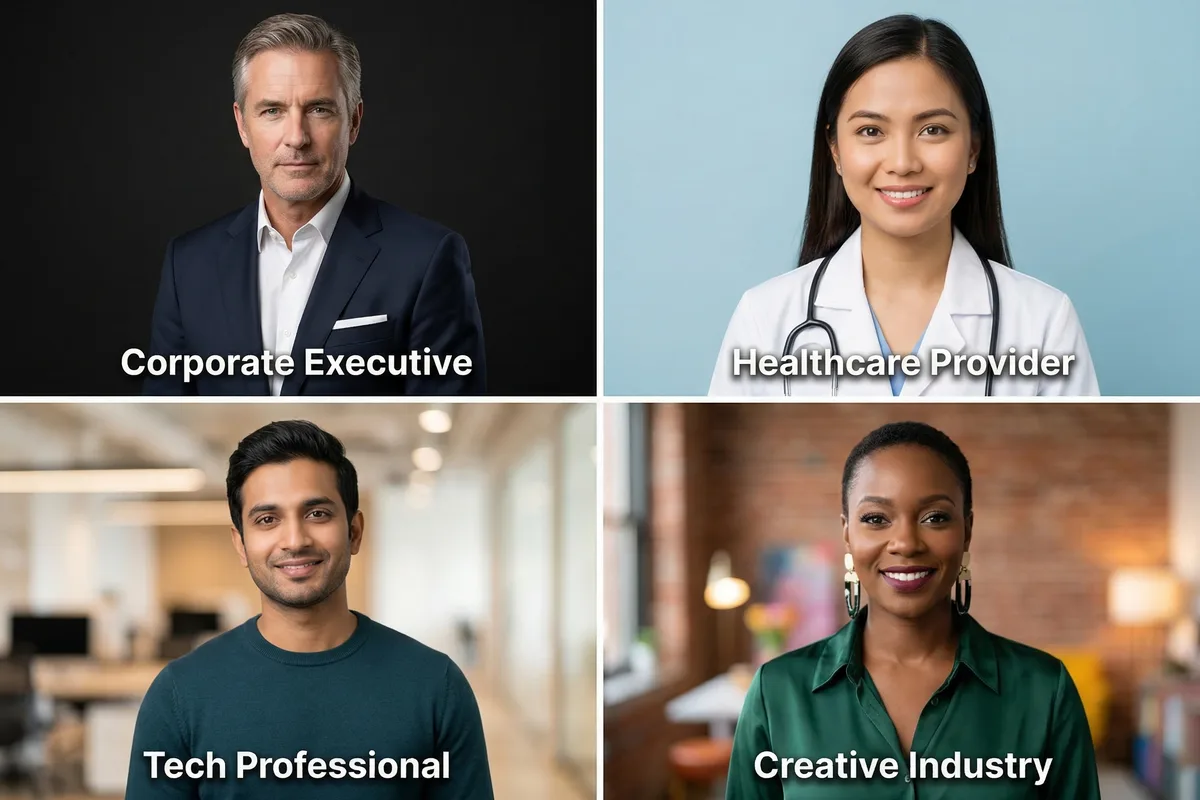 Headshot examples for corporate executives, healthcare providers, tech professionals, and creative industries