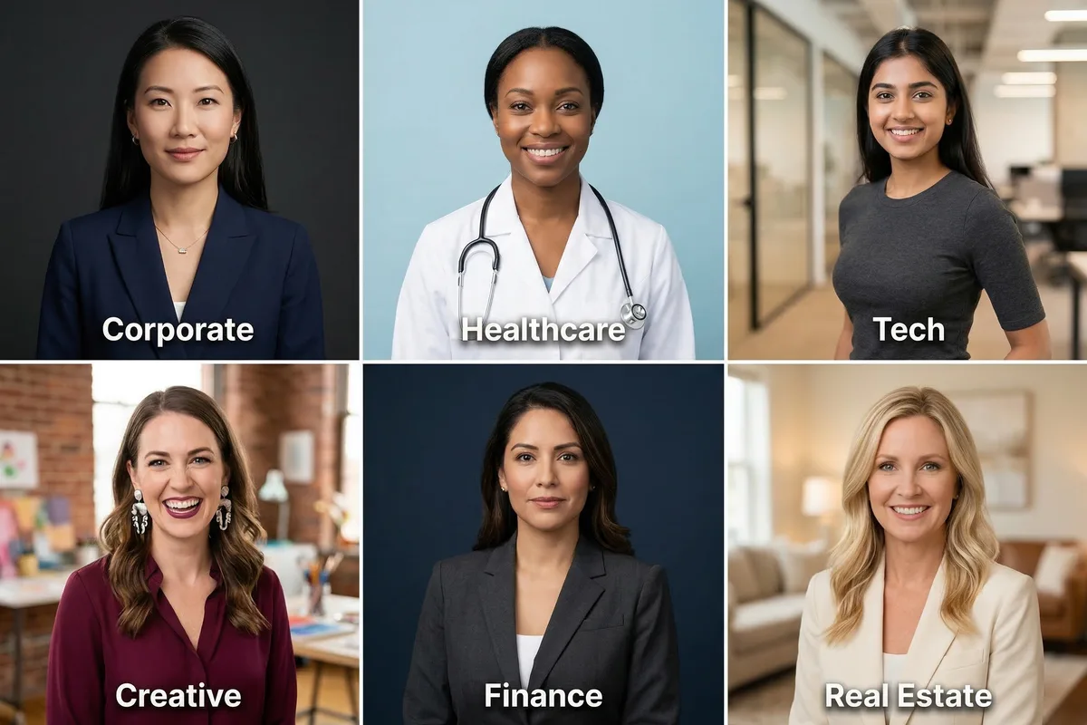 Professional headshot examples for women across six industries: corporate, healthcare, tech, creative, finance, and real estate