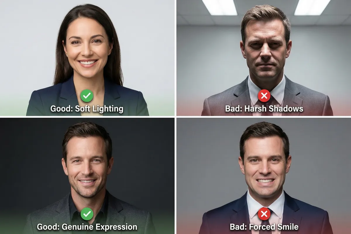 Professional headshot examples comparing good and bad headshots: soft lighting vs harsh shadows, genuine vs forced expressions, clean vs cluttered backgrounds