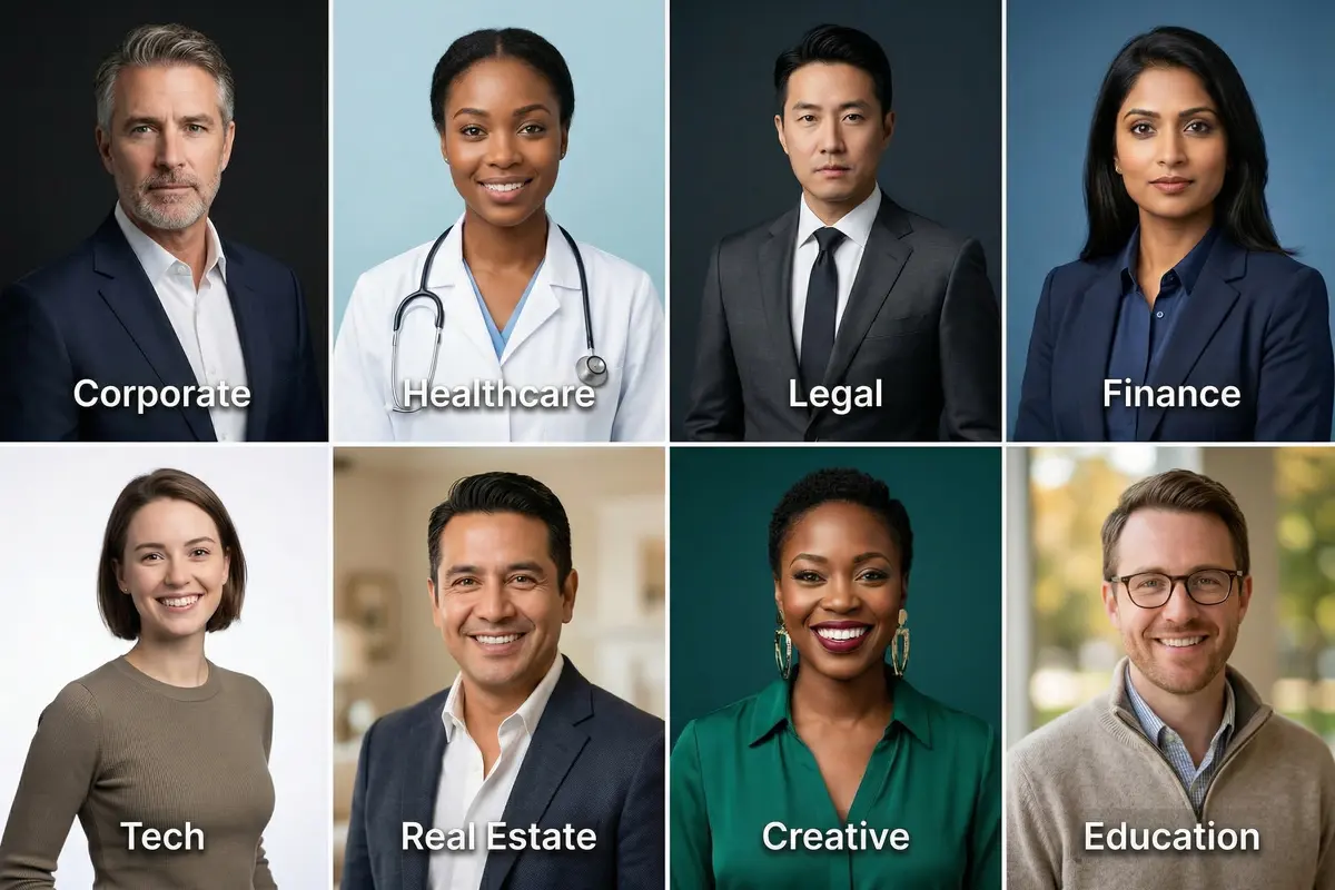 Professional headshot examples by industry: corporate, healthcare, legal, finance, tech, real estate, creative, and education