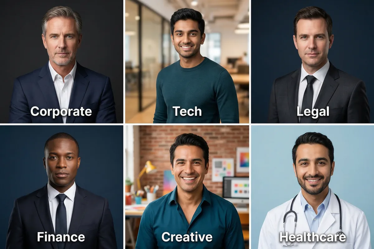 Professional headshot examples for men across six industries: corporate, tech, legal, finance, creative, and healthcare