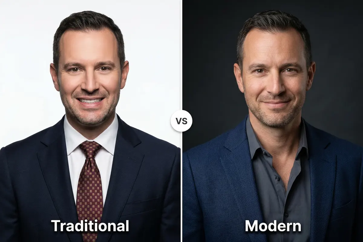 Modern versus traditional headshot examples showing the shift from rigid studio poses to relaxed authentic expressions