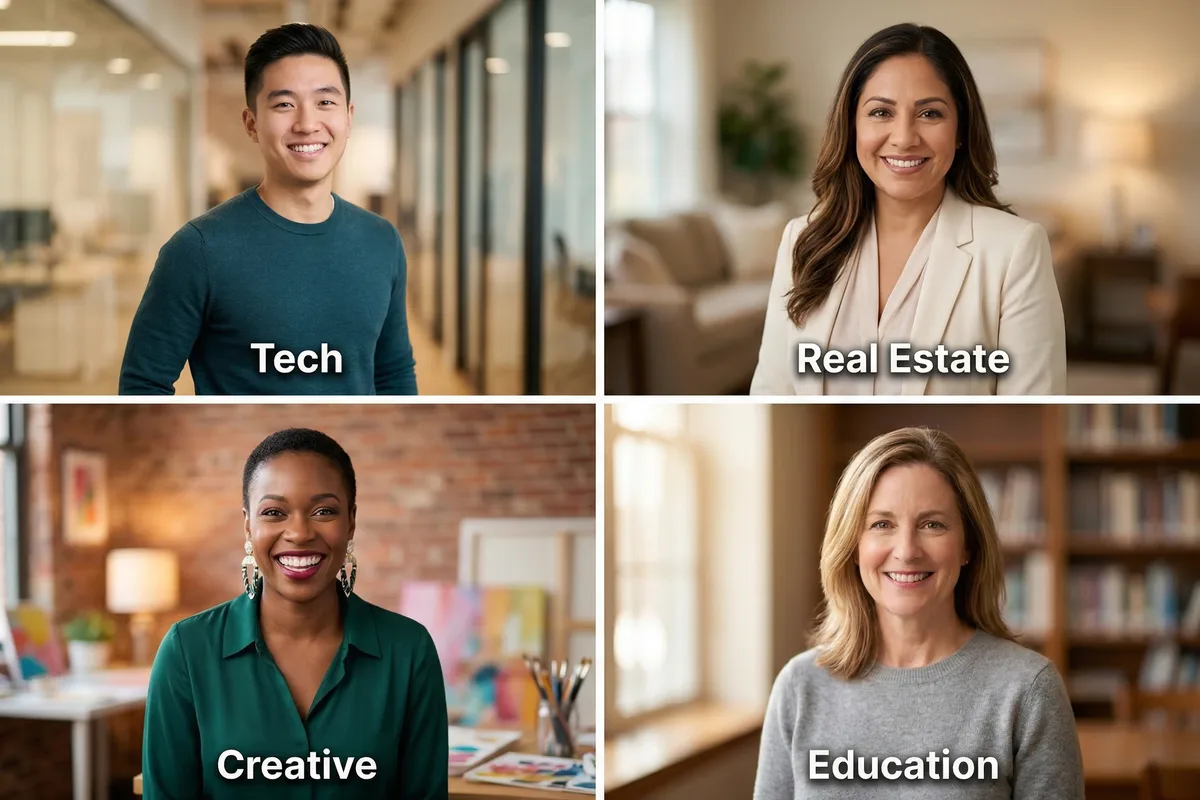 Headshot examples for technology, real estate, creative marketing, and education professionals