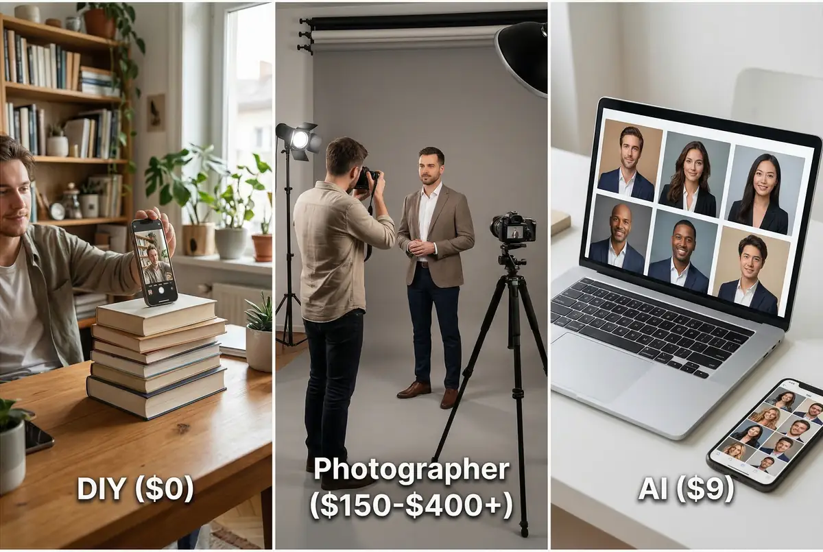 Professional headshot cost comparison between DIY, photographer, and AI options