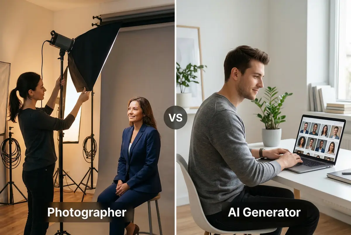 Professional headshot photographer studio session compared to AI headshot generation on a laptop