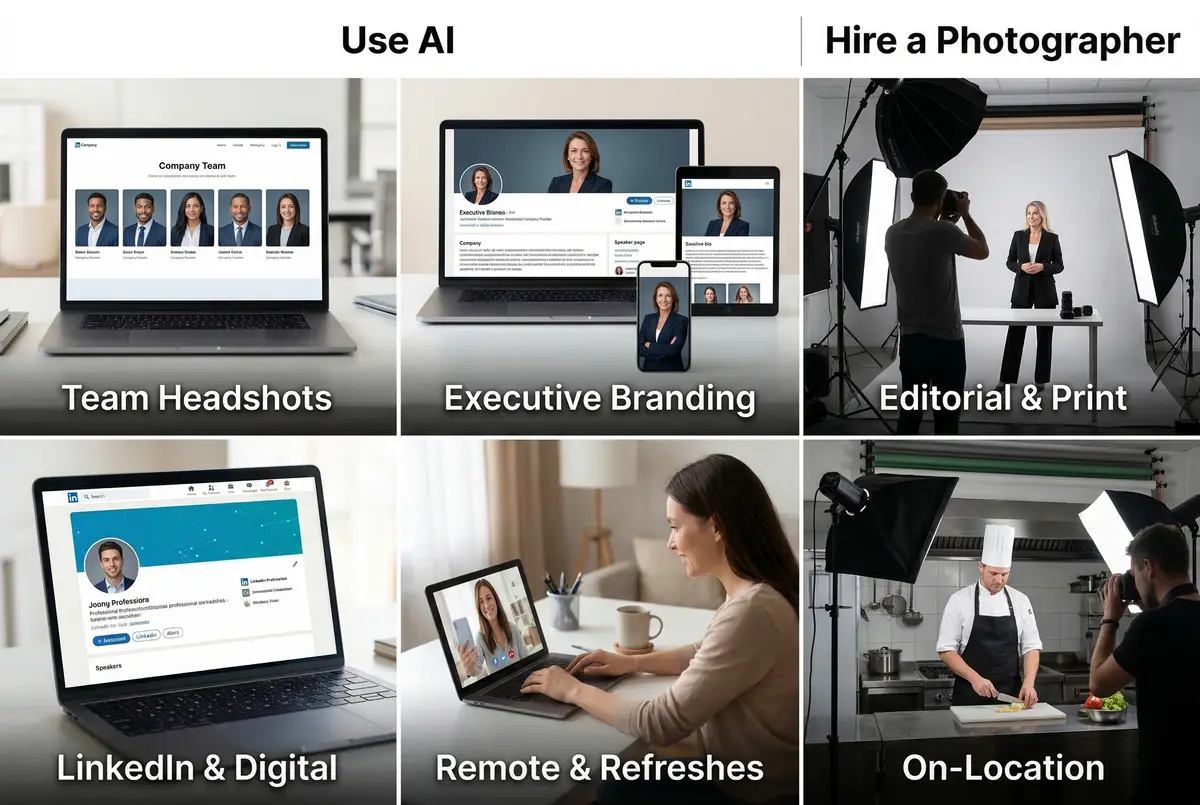 When to choose a professional headshot photographer versus AI for different use cases