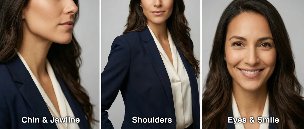 Professional headshot posing tips: chin and jawline positioning, relaxed shoulders, and genuine eyes and smile