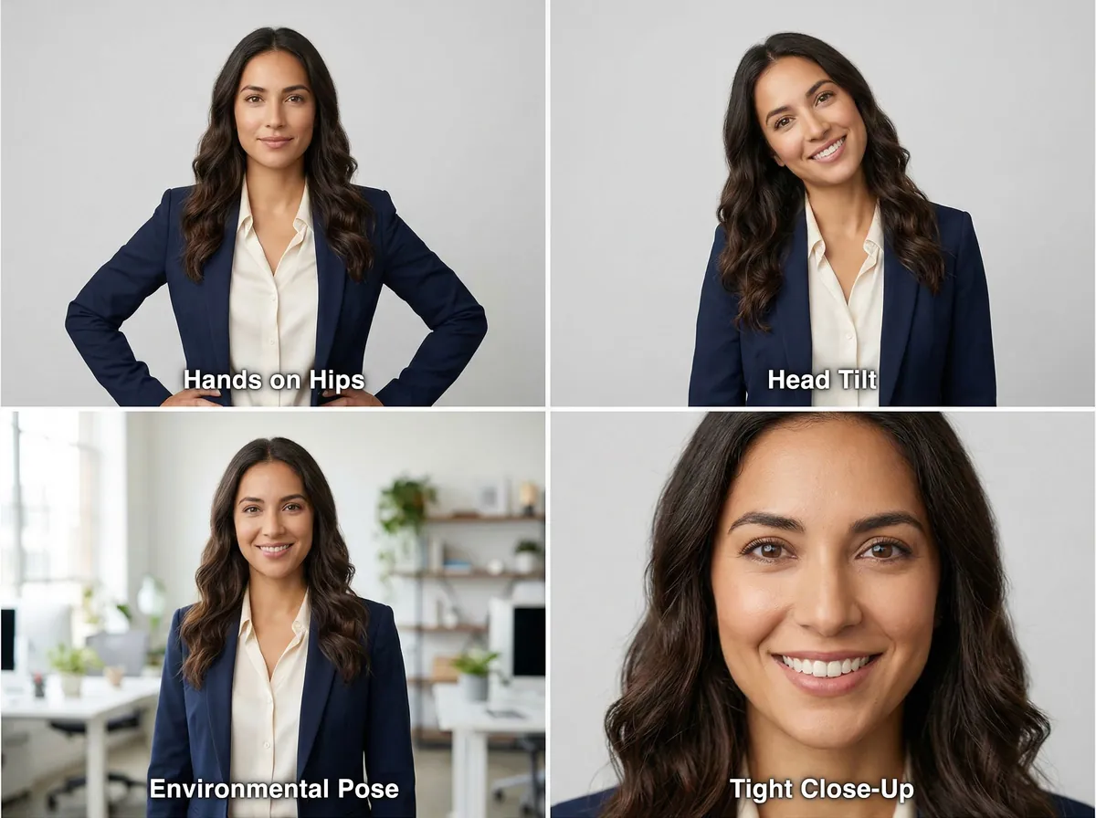 Four additional professional headshot poses: hands on hips, head tilt, environmental office pose, and tight close-up