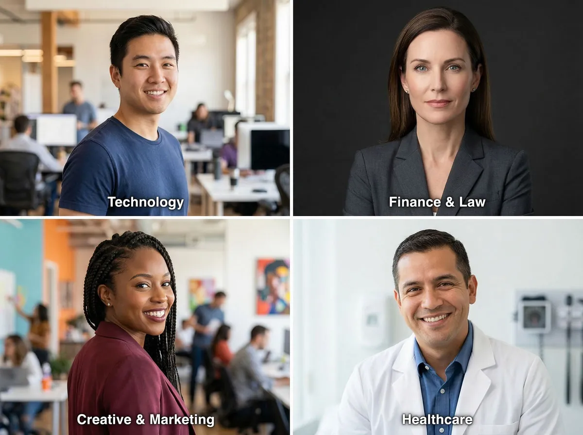 Professional headshot poses by industry: technology, finance and law, creative and marketing, and healthcare