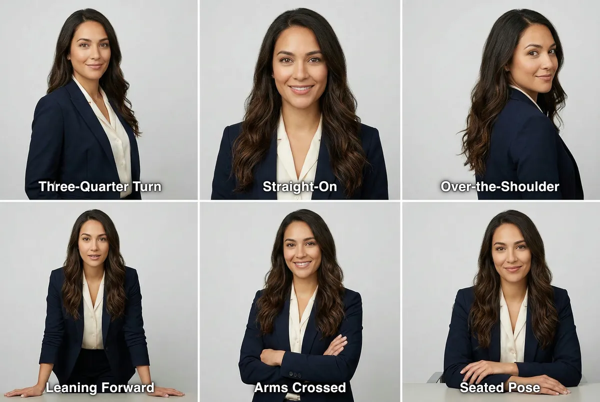 Six professional headshot poses demonstrated side by side: three-quarter turn, straight-on, over-the-shoulder, leaning forward, arms crossed, and seated pose