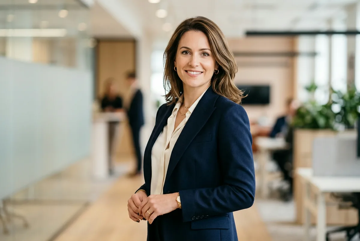 Professional woman demonstrating a confident three-quarter turn headshot pose with soft studio lighting