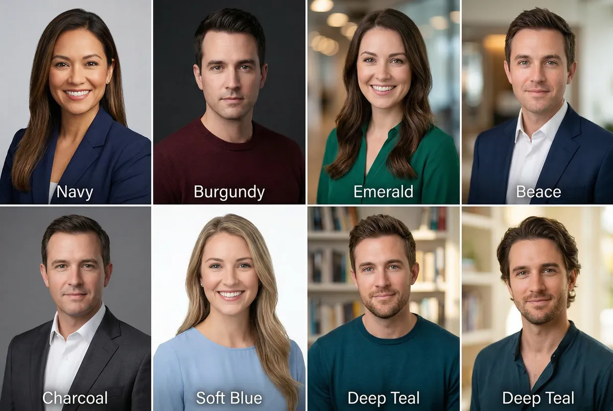 Best colors to wear for a professional headshot including navy, burgundy, and emerald