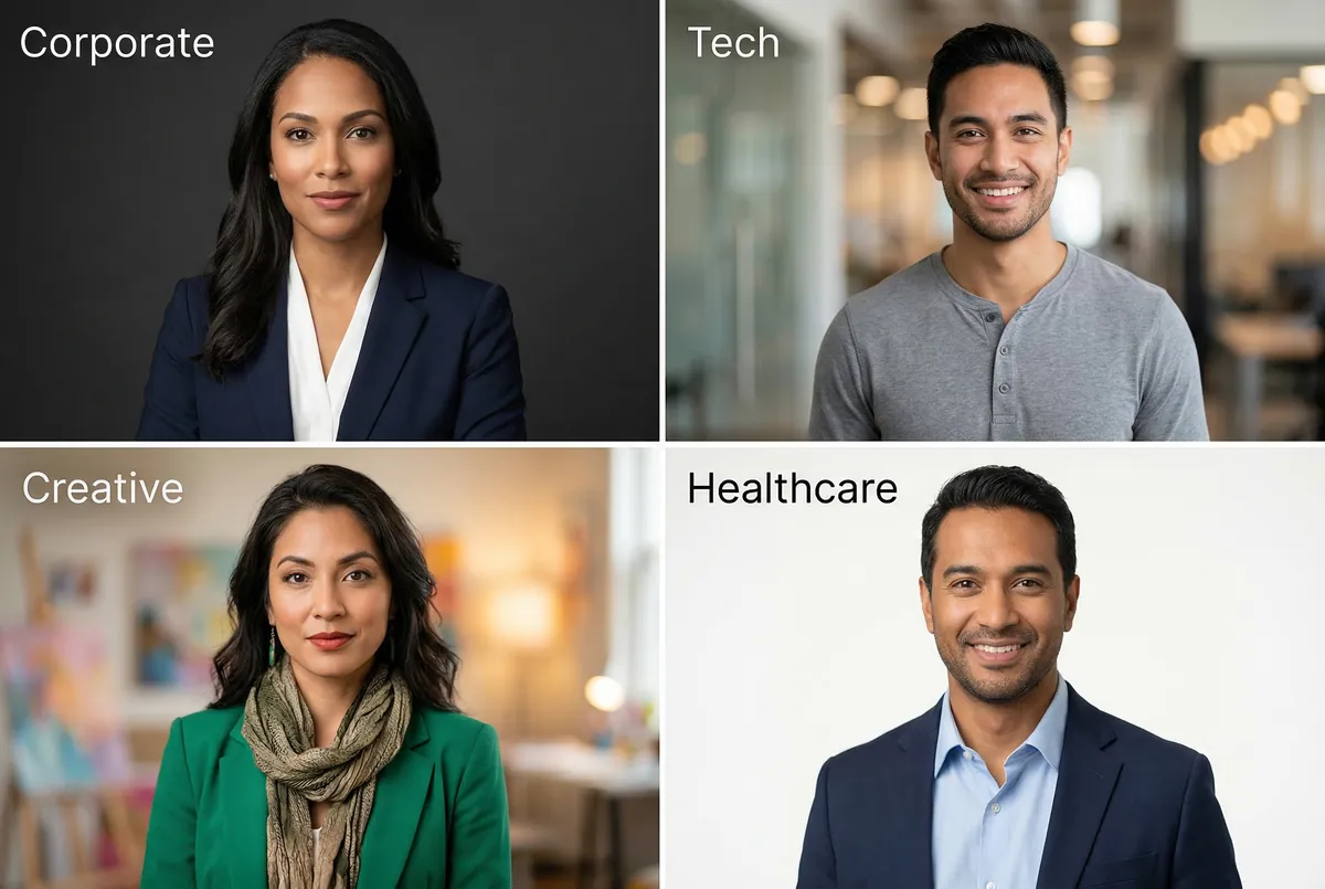 Professional headshot outfit examples by industry: corporate, tech, creative, and healthcare