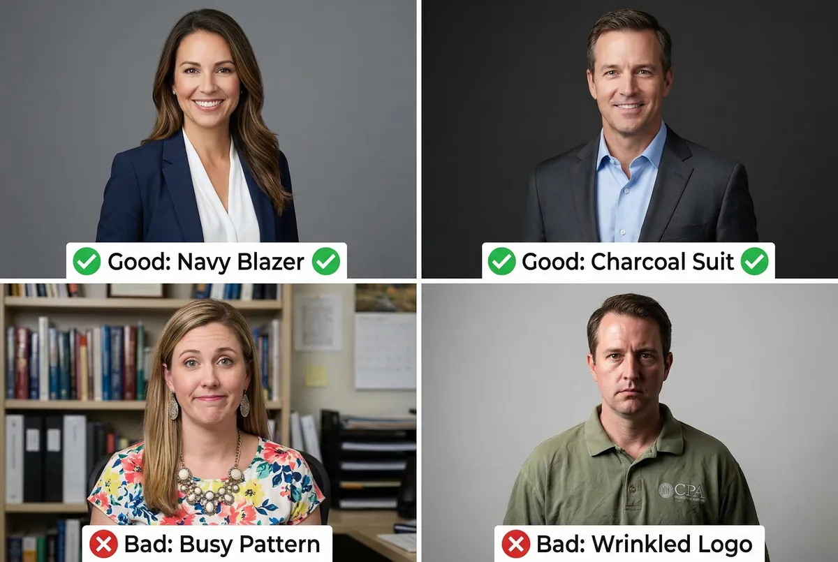 What to wear for a professional headshot: good outfit choices vs common mistakes