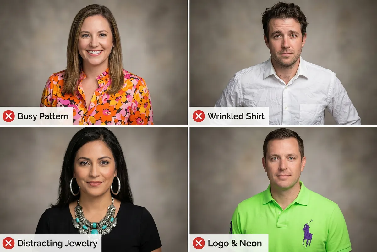 Common headshot outfit mistakes to avoid including busy patterns and logos