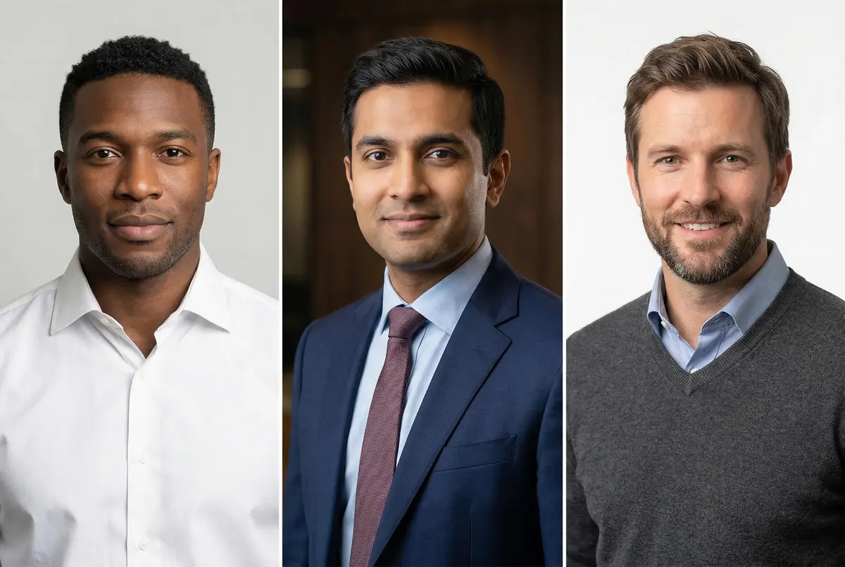 Men's professional headshot outfit tips: open collar dress shirt, navy blazer with tie, and smart casual sweater