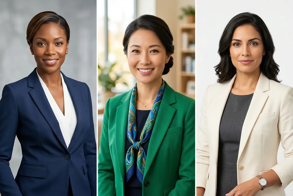 Women's professional headshot outfit tips: navy blazer with V-neck, emerald blazer with scarf, and cream blazer with minimal accessories
